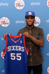 PHILADELPHIA, PA - JUNE 28:  Pierre Jackson #55 of the Philadelphia 76ers poses for a photo after being aquired by the Philadelphia 76ers at the Wells Fargo Center on June 28, 2014 in the Philadelphia, Pennsylvania. NOTE TO USER: User expressly acknowledges and agrees that, by downloading and/or using this photograph, user is consenting to the terms and conditions of the Getty Images License Agreement. Mandatory Copyright Notice: Copyright 2014 NBAE (Photo by Jennifer Pottheiser/NBAE via Getty Images)