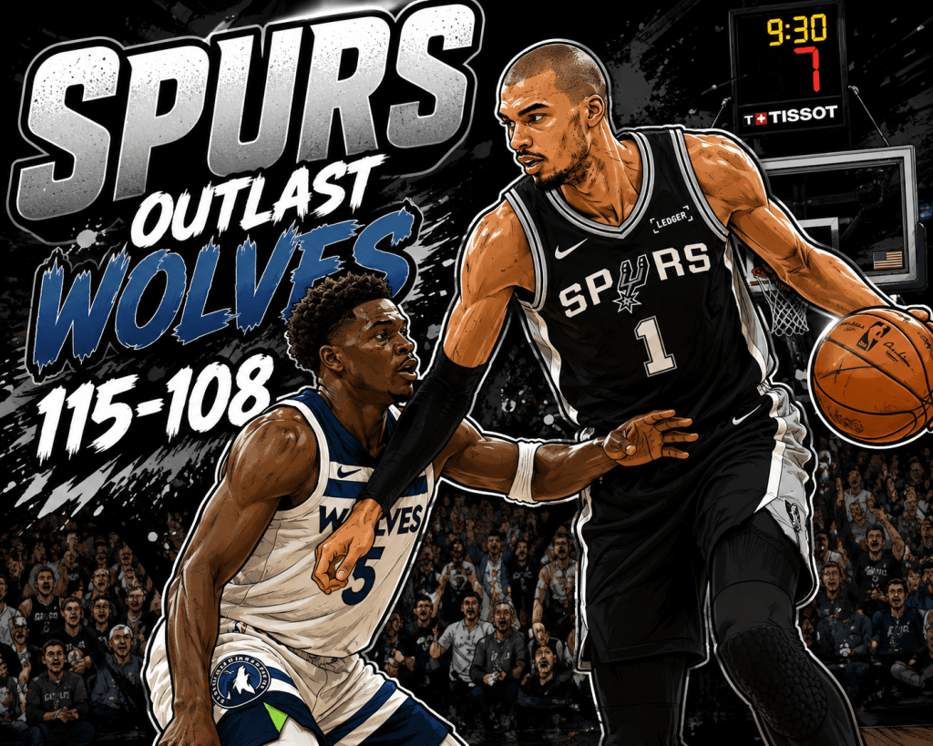 SPORTS: THE SPURS TOP THE WOLVES&nbsp;115-108